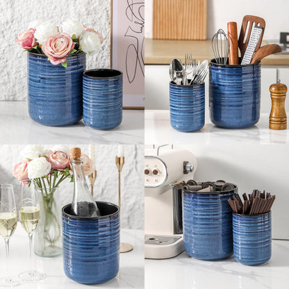HASENSE Large Ceramic Utensil Holder, 7.4" Kitchen Utensil Crock for Countertop, Modern Farmhouse Utensil Organizer Caddy for Cooking Utensil Set, Blue Kitchen Decor