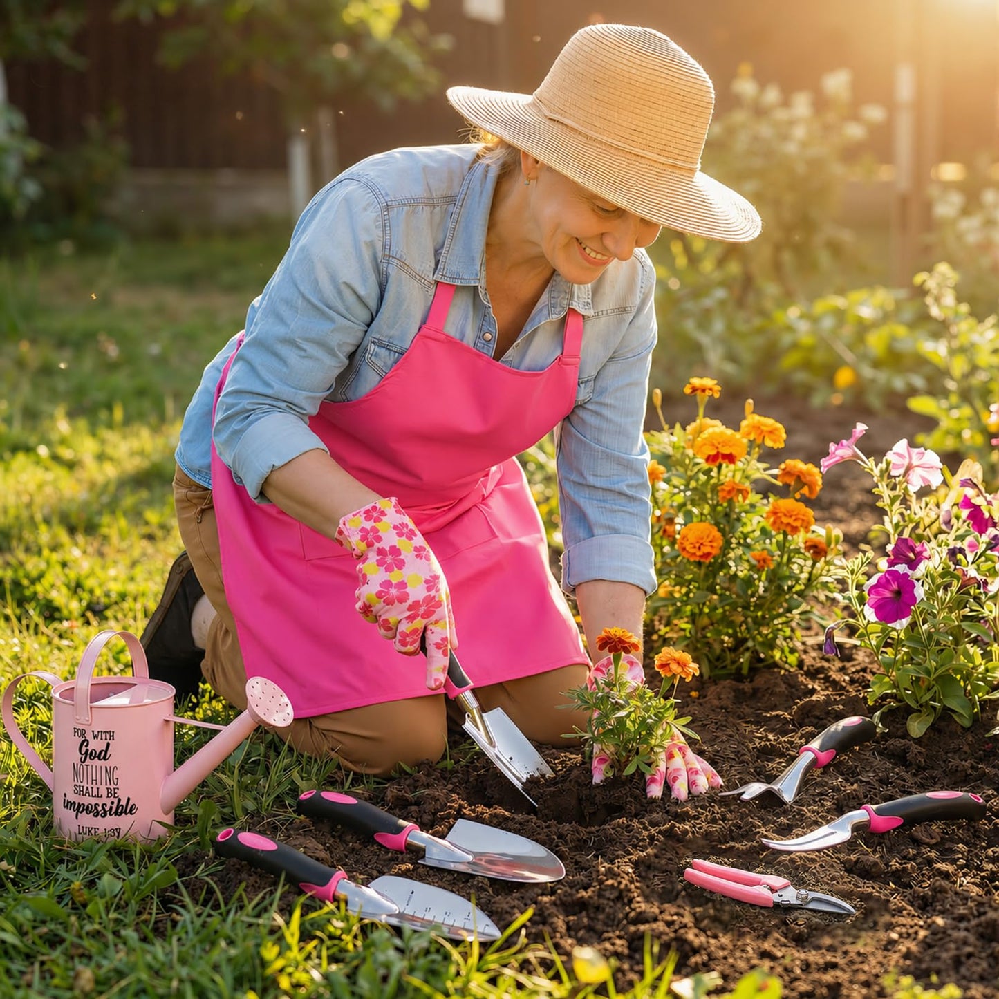 Blueweenly 9 Pcs Watering Can Garden Tools Kit with Bible Verse Christian Gardening Gifts for Women with Heavy Duty Garden Hand Tools 1.6L Galvanized Metal Can Apron Gloves for Mom Grandma(Pink)