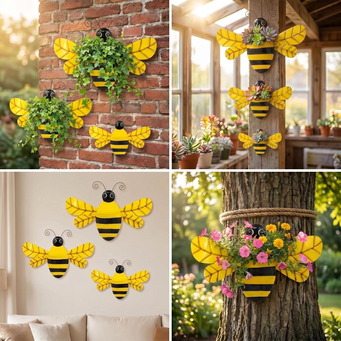 VinSees 3 Pcs 20 Inch Metal Bee Wall Pocket Planter, Rustic Decorative Wall Hanging Planter for Indoor & Outdoor, Flower Plant Pot for Garden Yard Patio Balcony & Fence, Black & Yellow, Set of 3