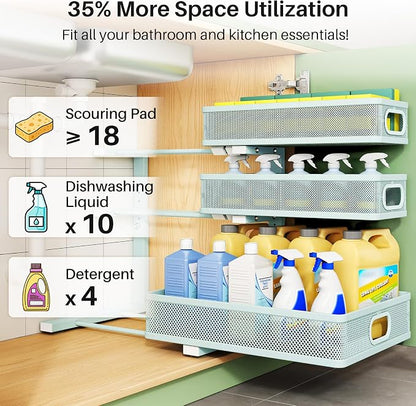 Under Sink Organizer, 2-Pack 3-Tier Height Adjustable Thickened Metal Pull out Cabinet Organizer Shelf, Slide out Storage Drawer Rack for Bathroom Kitchen Pantry Home Organization, LightBlue