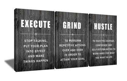 Inspirational Wall Art Execute Grind Hustle Motivational Poster 3 Pieces Canvas Prints Artwork for Living Room Modern Home Decor Painting Pictures Stretched and Framed Ready to Hang [72''Wx 36''H]