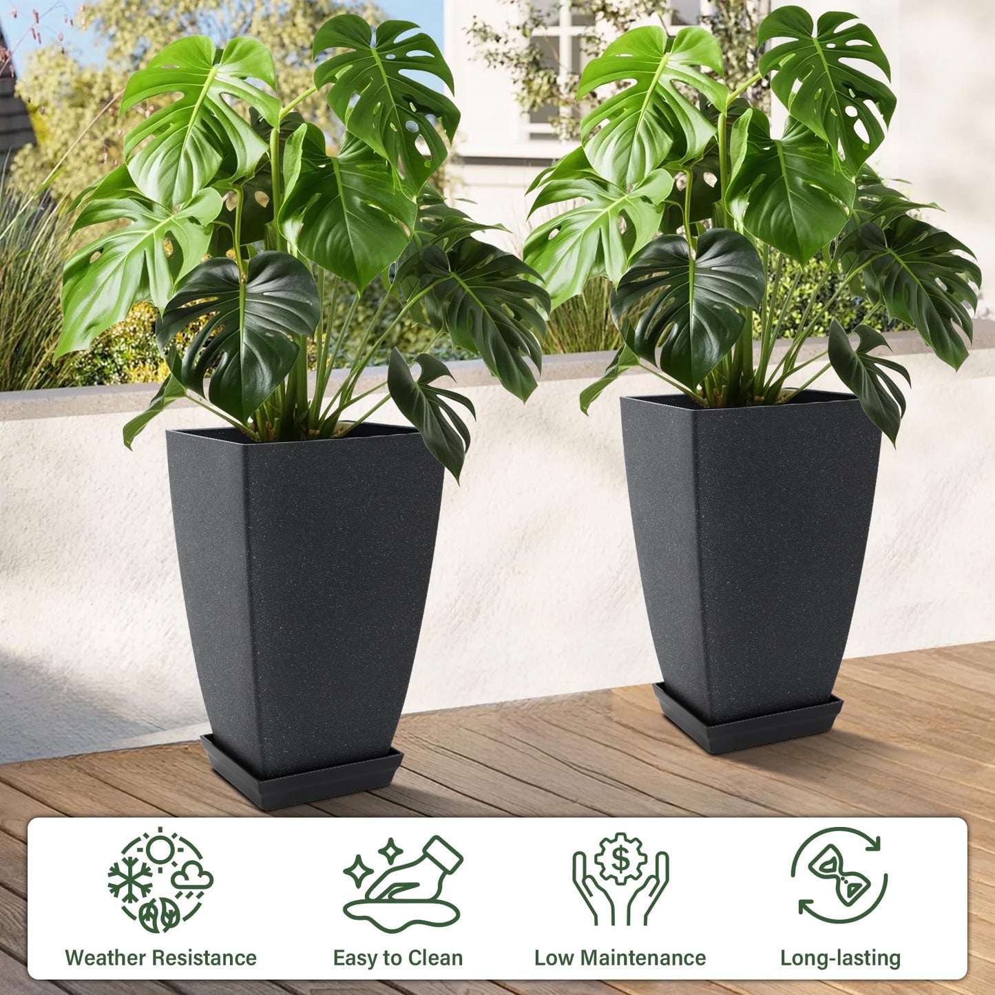 Neoaider Set of 2 Lightweight Ceramic-Look Tall Planter, 21 inch Large Plastic Planter with Drain Hole & Saucers, Large Outdoor Planters for Porch, Garden, Patio, Balcony(Dark Green)