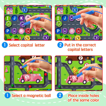 2 in 1 Magnetic Color and Number Maze Double-Sided ABC Alphabet Puzzles Board Magnet Dinosaur Counting Maze Preschool Learning Montessori Education 3 4 5 Years Toys (Car, One Size)