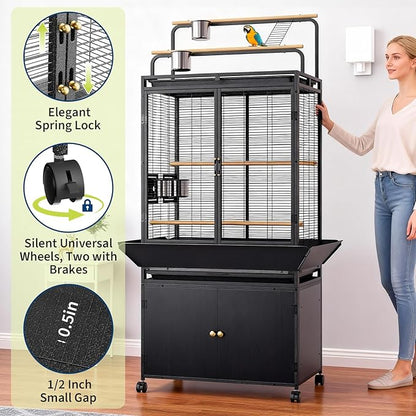 Garvee 71" H Rolling Bird Cage,Large Rolling Birdcage with Top Stand & Storage Cabinet,Black Walnut Wood Parakeet Cage for Macaw Parrot Cockatiel Budgie