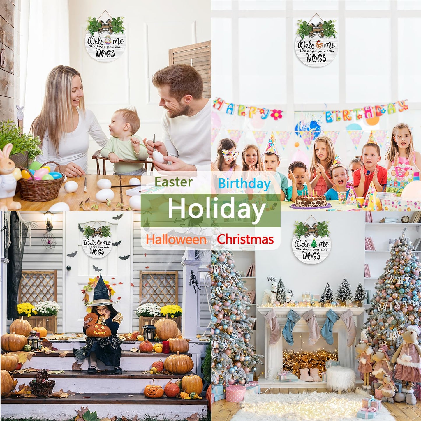 Interchangeable Wooden Seasonal Welcome Wreath, Rustic Round Dogs Front Door Wreaths for Home/Wall/Porch/Farmhouse Decor, for Easter Spring Summer Fall Halloween Christmas All Season Decorations