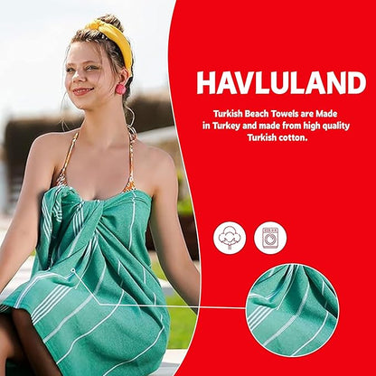 HAVLULAND Turkish Beach Towels Oversized, 40"x72", Absorbent Quick Drying 100% Cotton Sand Free Beach Towels, Turkish Towels for Pool, Sauna, Bath, Travel, Camping, Picnic Blanket - Green