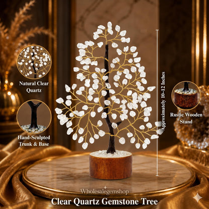 Gemscite Clear Quartz Gemstone Tree 10-12" Handmade Feng Shui Figurine Money Bonsai Good Luck Reiki Healing Crystals with Golden Wire Balancing Decoration for Table Room Decor Gift