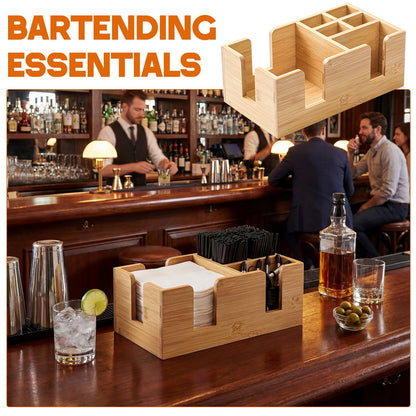 Mifoci Wooden Bar Caddy with 6 Compartments, Bamboo Bar Caddy Napkin & Straw Holder Organizer Cocktail Napkin Holder Condiments for Home Office Kitchen Countertop (Natural, 10.6 L x 5.5 W)