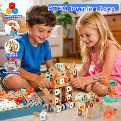 Design and Drill Toy - Toddler Tool Set with Drill & Toolbox, Create And Design Drill Kit Stem Toys for Kids Ages 3-6, Toddler Building Educational Construction Toy for 3-6 Year Old Girl (WOOD COLOR)