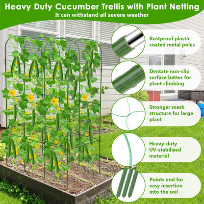 ROADPLUM Cucumber Trellis for Climbing Plants with Grow Bag, 61" Tall Metal U-Frame Garden Trellis for Raised Bed with Garden Netting and Plant Clip Plant Ties for Vegetables, Squash, Pea, Grape