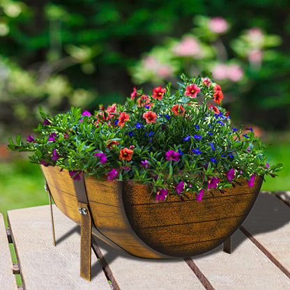 Aoutrow 15.43In 2 Pack Rustic Barrel Planters, Decorative Outdoor Garden Backyard Planter with Legs, Metal Flower Pot Half Barrel Planter Box, Brown