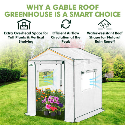 EAGLE PEAK 6x6 Portable Pop Up Greenhouse, Patented Center Lock Easy One Person Setup, Walk-in Outdoor Greenhouse with Gable Roof, Weight Bags, Zippered Doors & Windows, White