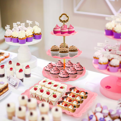 6 Pcs Cupcake Stand Set - Pink Plastic Dessert Table Display Set, 2X Pink Round 3 Tier Cupcake Display Stands Cookie Tray Rack Serving Tower & 4X 14 in Plastic Trays for Wedding Baby Shower Tea Party