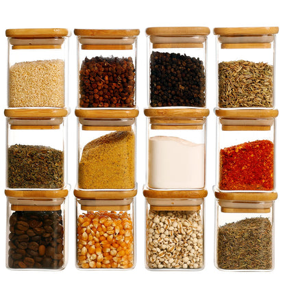 HHMJSM 12 Pcs Square Glass Spice Jars with Natural Bamboo Lids - 5oz Airtight Herb Containers with 148 Waterproof Minimalist Spice Labels Preprinted - Empty Small Seasoning Jars for Kitchen Pantry