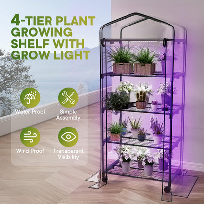 Indoor Greenhouse with Grow Lights & Wheels, 4 Tier Wire Shelf PVC Tent Portable Mini Green House Cabinet Kit for Plant Seed Starting Mushroom Grow