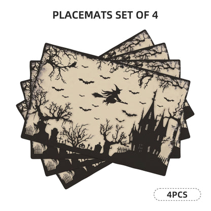 Halloween Witch Castle Placemats Set of 4 Washable Table Place Mats for Dining Kitchen Party Decor