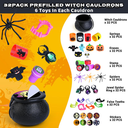 Letapapa 256 PCS Halloween Party Favors for Kids, 32 Pack Prefilled Small Plastic Witch Cauldron With Assorted Halloween Toy In Bulk, Miniatures for Kids Trick or Treat, Halloween Classroom Rewards