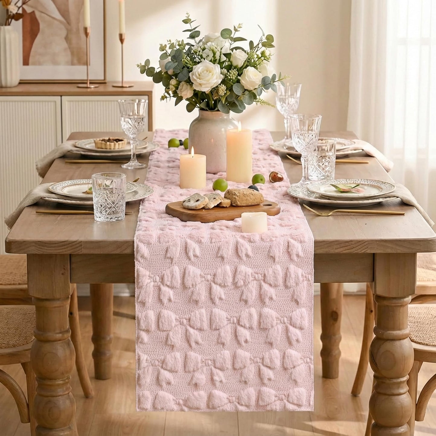 Artoid Mode Pink Soft Plush Faux Fur Jacquard Bows Table Runner, Valentine's Kitchen Dining Table Decoration for Home Party Decor 13x72 Inch