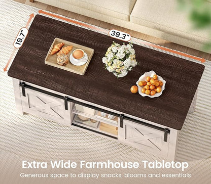 SEDETA Lift Top Coffee Table, Farmhouse Lift Tabletop Dining Table, Gas Spring, Hidden Compartment, Open Storage Shelf, for Living Room, Vintage White