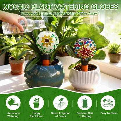 VOREEN Mosaic Plant Watering Globes with Terracotta Watering Spikes, 17oz Glass Self Watering Globes for Indoor & Outdoor Potted Plants, Decorative Water Drippers, Set of 2