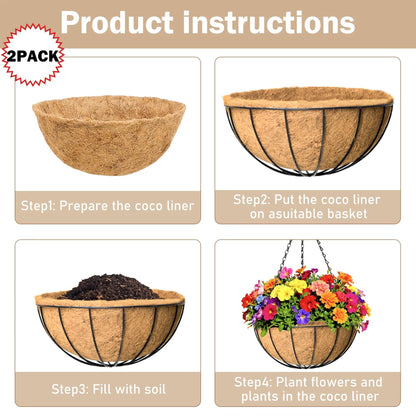 KIDYBELL 2 Pack 12 inch Hanging Baskets Planter for Plants Vegetables Flowers Outdoor Black Round Wire Plant Holder with Coco Fiber Liners Garden Balcony Patio Deck Porch Indoor Hanging Baskets
