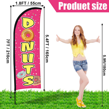 Buryeah 2 Sets Donuts Feather Flag Pole Kit 7 ft Donuts Advertising Flag Sign Banner with Flagpole Ground Stake Portable Bag for Diner Restaurant Business Outdoor Advertising