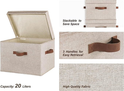 StorageWorks Fabric Storage Bins with Lid, Decorative Storage Boxes for Shelves, Stackable Closet Organizer Basket with Handles, Large, Brown and Beige, 2-Pack