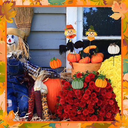 Anglechic 6 Pcs 12'' Fall Outdoor Decor Garden Stakes Pumpkin Scarecrow Maple Leaves Fall Metal Yard Sign Autumn Yard Stakes Outdoor Thanksgiving Decorations for Planter Lawn Patio Walkway Porch