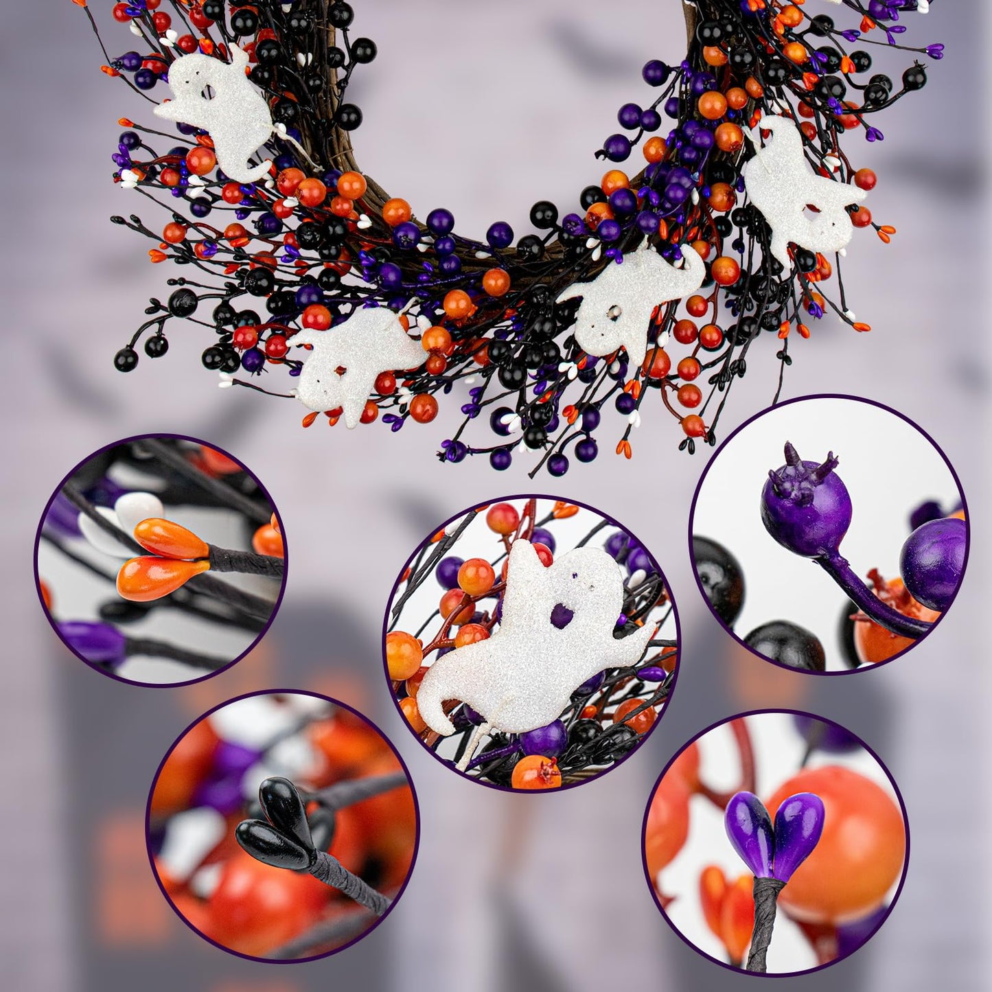 MG MagicGarden 20-Inch Halloween Wreath - Handmade Orange & Black Berry Wreath with Adorable Mini Ghosts, Spooky Front Door Decor for Halloween Party
