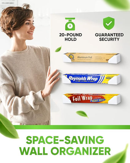 Skywin Adhesive Foil and Plastic Wrap Organizer Includes 2 Holders, Fits Box Width up to 2.4in/61mm, Heavy Duty Aluminum Foil Organization and Storage (White)