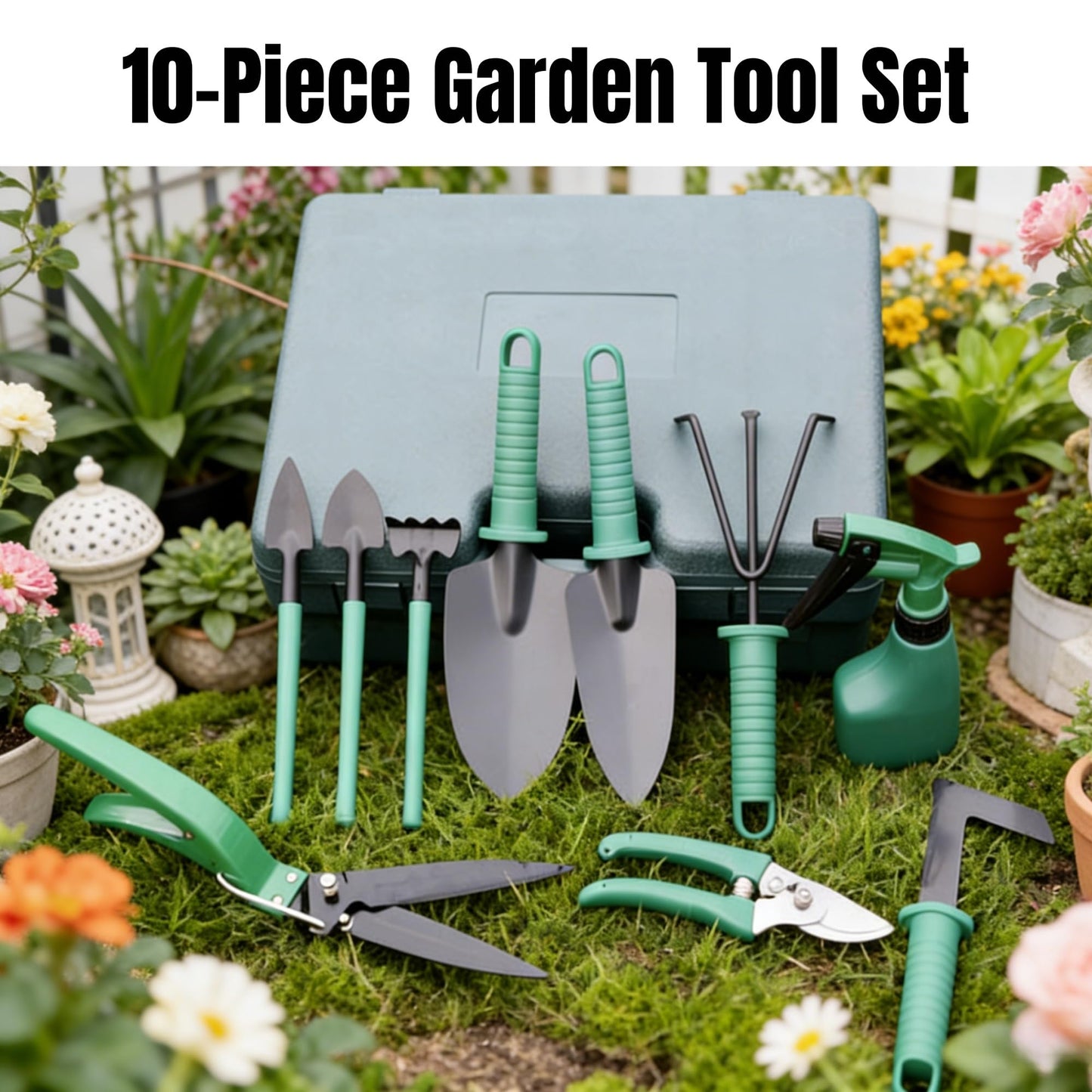 10-Piece Garden Tools Set - Heavy Duty Hand Gardening Kit: Shovel, Pruners, Trowel, Rake for Plant Care, Bonsai Trimming, Weeding & Yard Work (Green)