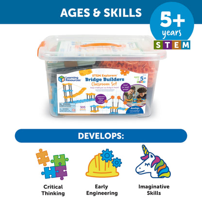 Learning Resources STEM Explorers Bridge Builders Classroom Set, 305 Pieces, STEM Projects for Students Ages 5+, Back to School and Teacher Supplies