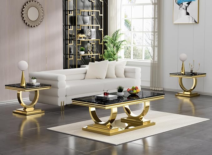 2 Piece Living Room Table Set Include 1 Faux Marble Coffee Table & 1 End Table, Modern Black Gold Coffee Table Set of 2 with Double O Shape Stainless Steel Pedestal Base