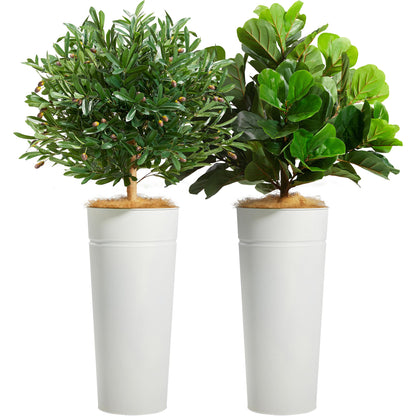 KOL 28" White Metal Planter Set, Galvanized Steel Plant Pots for Indoor Outdoor Decor with Artificial Olive Tree & Fiddle Leaf Fig, Faux Plants with Natural Coconut Fiber (Total Height 4.2FT)