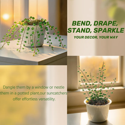 H&D HYALINE & DORA 6 Pcs Crystal Beaded Suncatchers Artificial Green Plants Hanging Wind Chime with Chain for Window Indoor Outdoor Potted Plants Decorations Plant Lover Gift