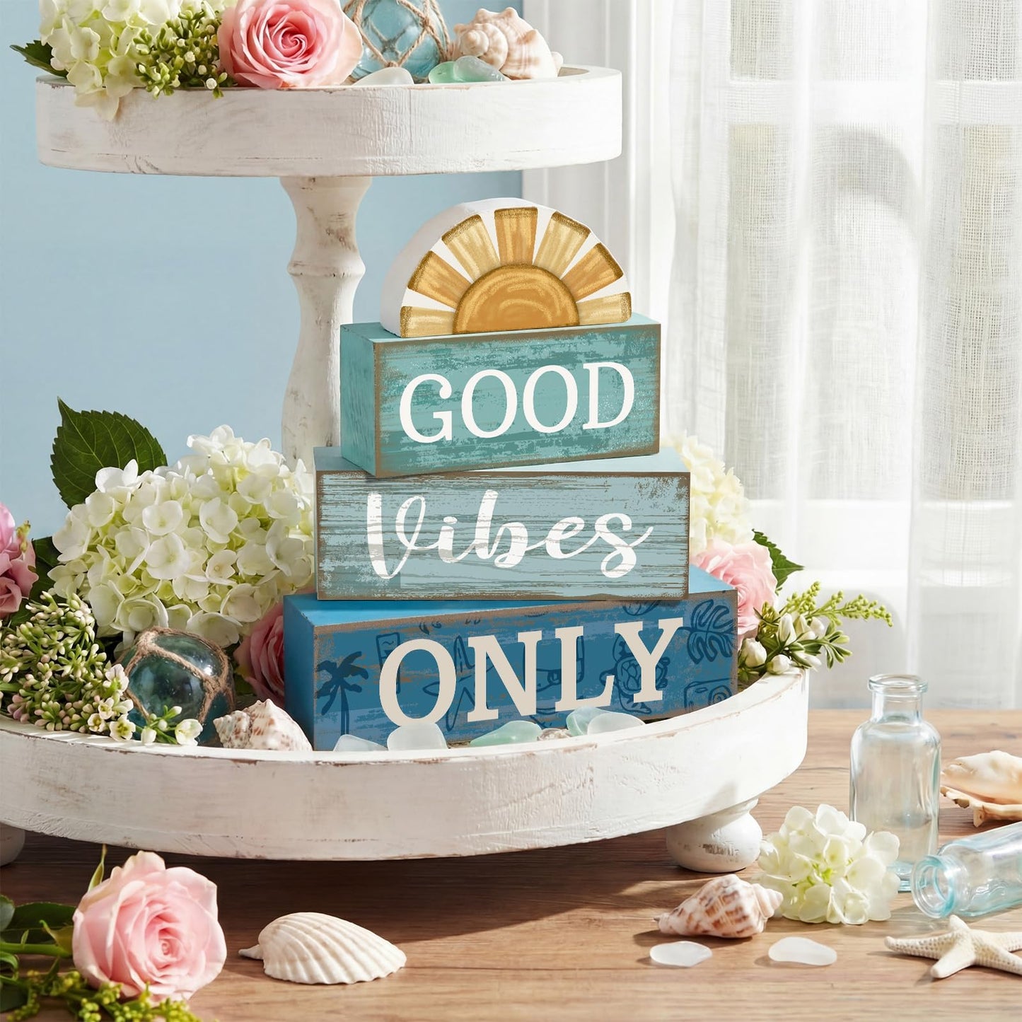 Lineshading 4 Pcs Beach Themed Table Decor Good Vibes Only Wood Block Sign Wooden Sunshine Beach Tiered Tray Decorations Summer Centerpiece Decor Funny Farmhouse Summer Decorations for Home Shelf