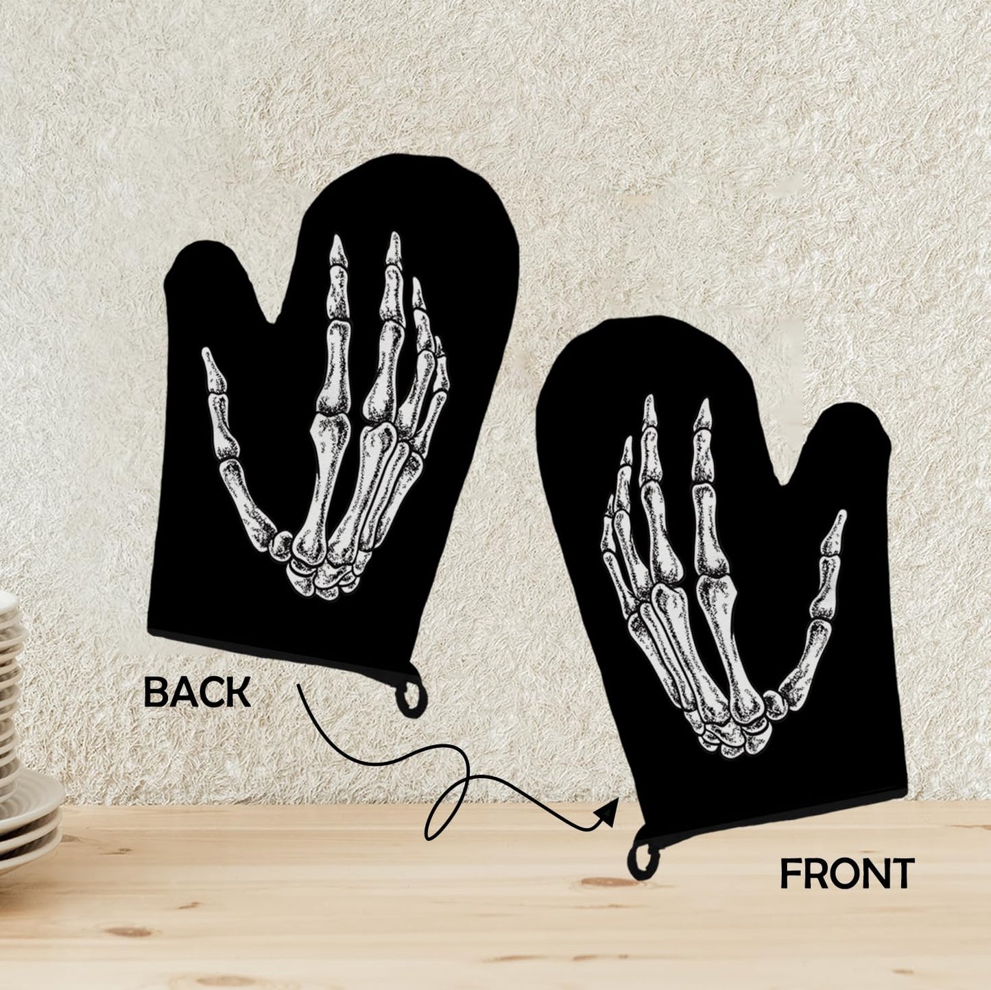 Mingnei Gothic Skeleton Oven Mitts and Pot Holders Sets, Black Goth Heat Resistant Potholder Kitchen Decor for Cooking Baking BBQ Grilling, Gothic Goth Gifts for Women Oven Glove Set