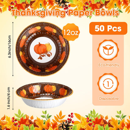 Sliner 50 Pcs 12 oz Fall Thanksgiving Paper Bowls Orange Pumpkin Pattern Hot Soup Bowls Fall Disposable Serving Salad Snack Plates Cups for Dessert Milk Cereal for Autumn Thanksgiving Holiday Party