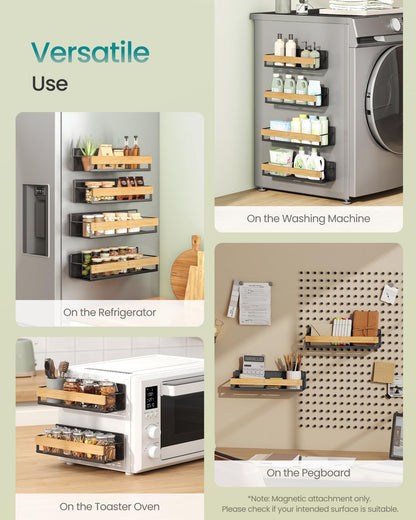 SONGMICS Magnetic Bamboo Spice Rack for Refrigerator, 4 Pack, 2 Large and 2 Small Kitchen Magnetic Shelves for Washing Machine, Spice Organizers, No Drilling Needed, Ink Black UKCS062BH01