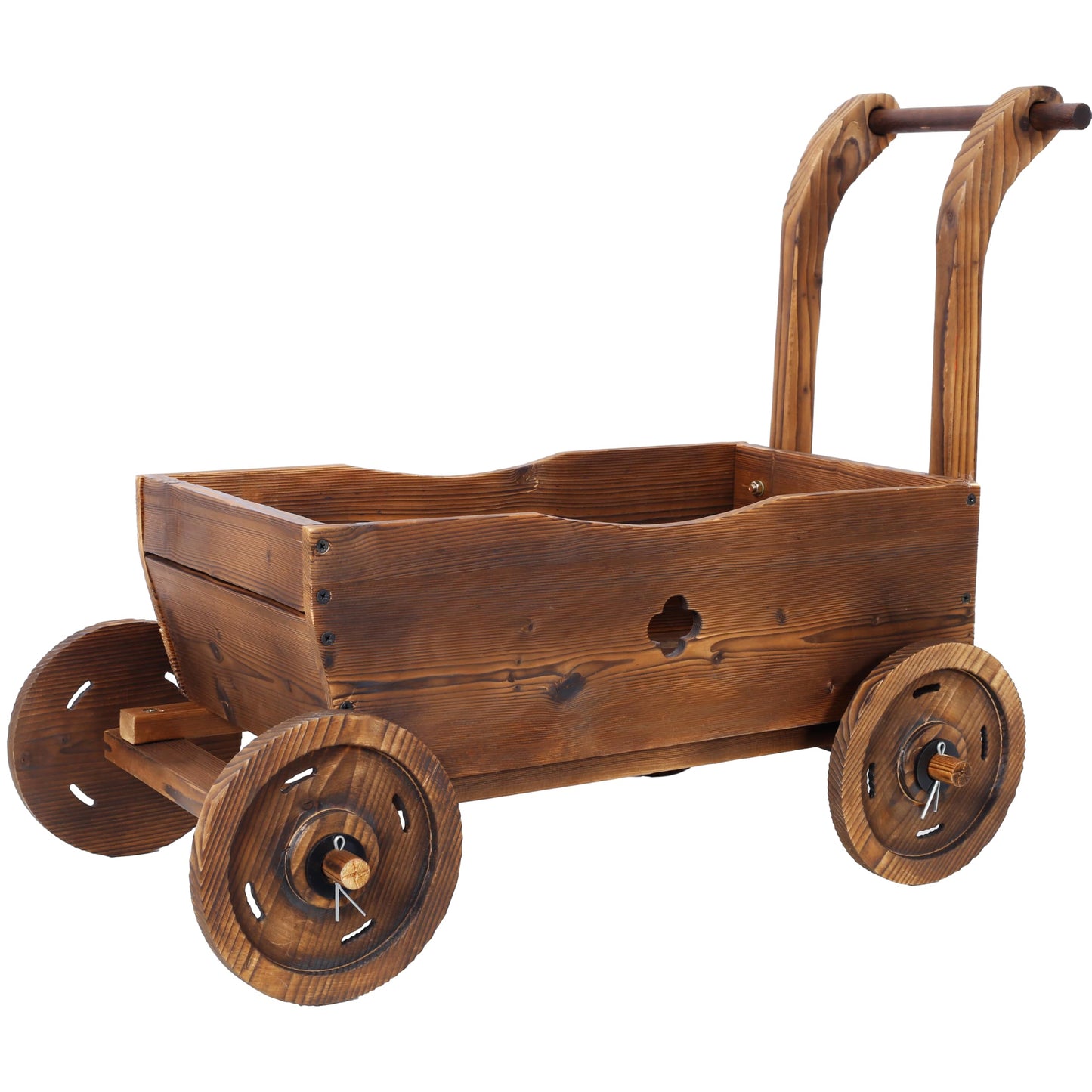 VRAXO Wooden Wagon Planter Box, Mobile Garden Planter with 4 Wheels, Handle, Drain Hole, Decorative Flower Planter for Indoor & Outdoor Decor, Wooden Flower Cart for Patio, Garden, Balcony, Brown