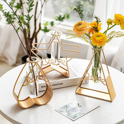 Glass Flower Vase with Metal Frame,Modern Creative Geometric Clear Vase for Flower Centerpieces Decorative,Desktop Hydroponics Vase Plant Terrarium for Home Office Decor (Gold Triangle)