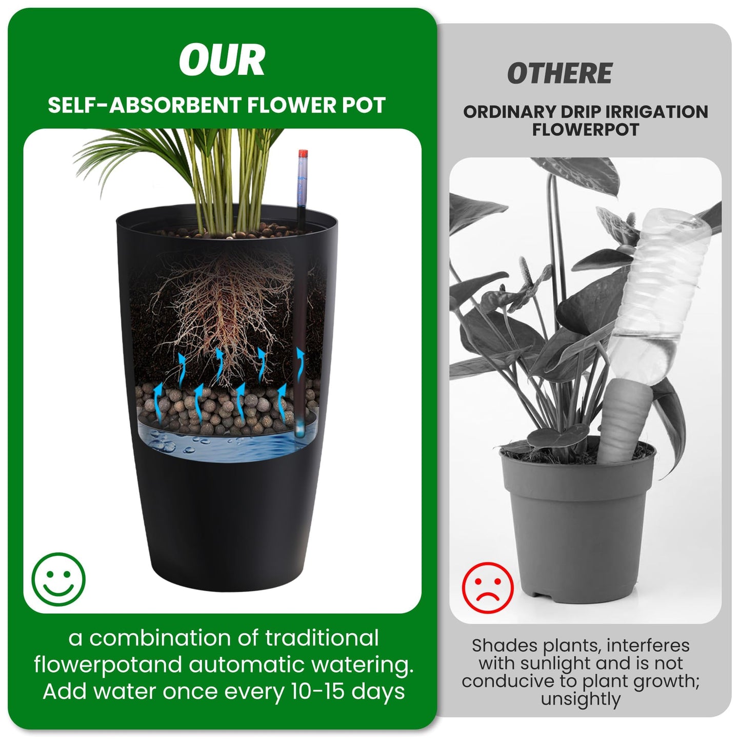 ActiveTrail 22 in Tall Planters Set of 2, Large Black Planters for Indoor & Outdoor Plants, Self Watering Pots with Water Level Monitor and Inner Bucket for Porch, Patio, Backyard