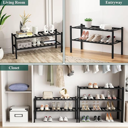 Smiry Bamboo Shoe Rack, 2 Tier Free Standing Wooden Shoe Organizer, Stackable Wood Shoe Storage Shelf for Closet, Entryway, 12 Vertical Slats, One-piece Standard Legs, 26.8"x11"x13", Black
