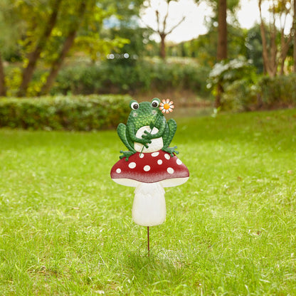 Glitzhome Mushroom and Frog Garden Yard Stake, 30 ”H Metal Stacked Yard Patio Charming Stake Powder-Coated Vibrant Finish Lifelike 2-in-1 Design Ornament Detachable Lawn Wall and Floor Decoration