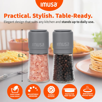 IMUSA Salt and Pepper Grinder Set – 2-Pack Manual Salt Grinder & Pepper Mill with Adjustable Ceramic Grinder for Coarse to Fine Spices, 4oz, Refillable Glass Base, Easy-Grip Salt & Pepper Set