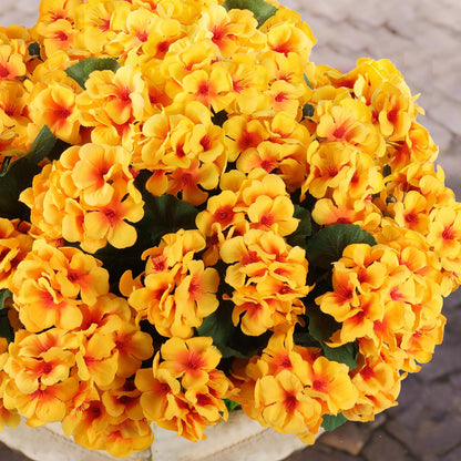Hananona Artificial Geranium Flowers for Outdoors Geranium Silk Flowers Outdoor UV Resistant Garden Plants Faux Flowers for Home Kitchen Table Centerpieces Decor (6, Yellow)
