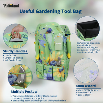 Patioland 10-Piece Garden Tool Set – Green Floral Print Gardening Hand Tools with Non-Slip Handles, Heavy Duty Rust-Proof Aluminum Tools, Organizer Tote Bag, Ideal Gardening Gifts for Women & Grandma