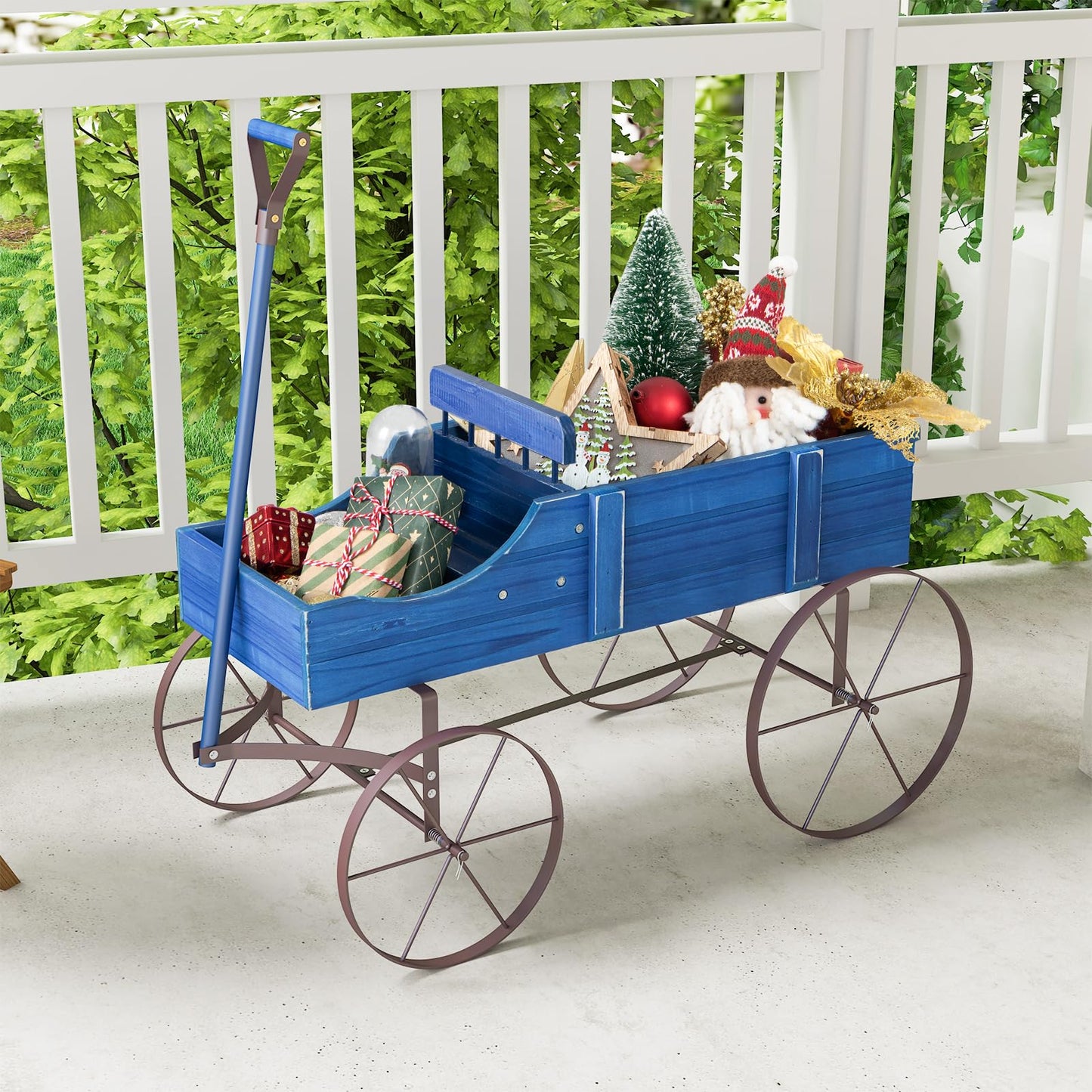 HAPPYGRILL Wooden Wagon Planter, 24.5” x 13.5” x 24” Decorative Garden Planter w/ 2 Planting Sections, Wheels, Handle, Small Decorated Cart, Flower Planter Box for Indoor Outdoor Festival Patio (Blue)