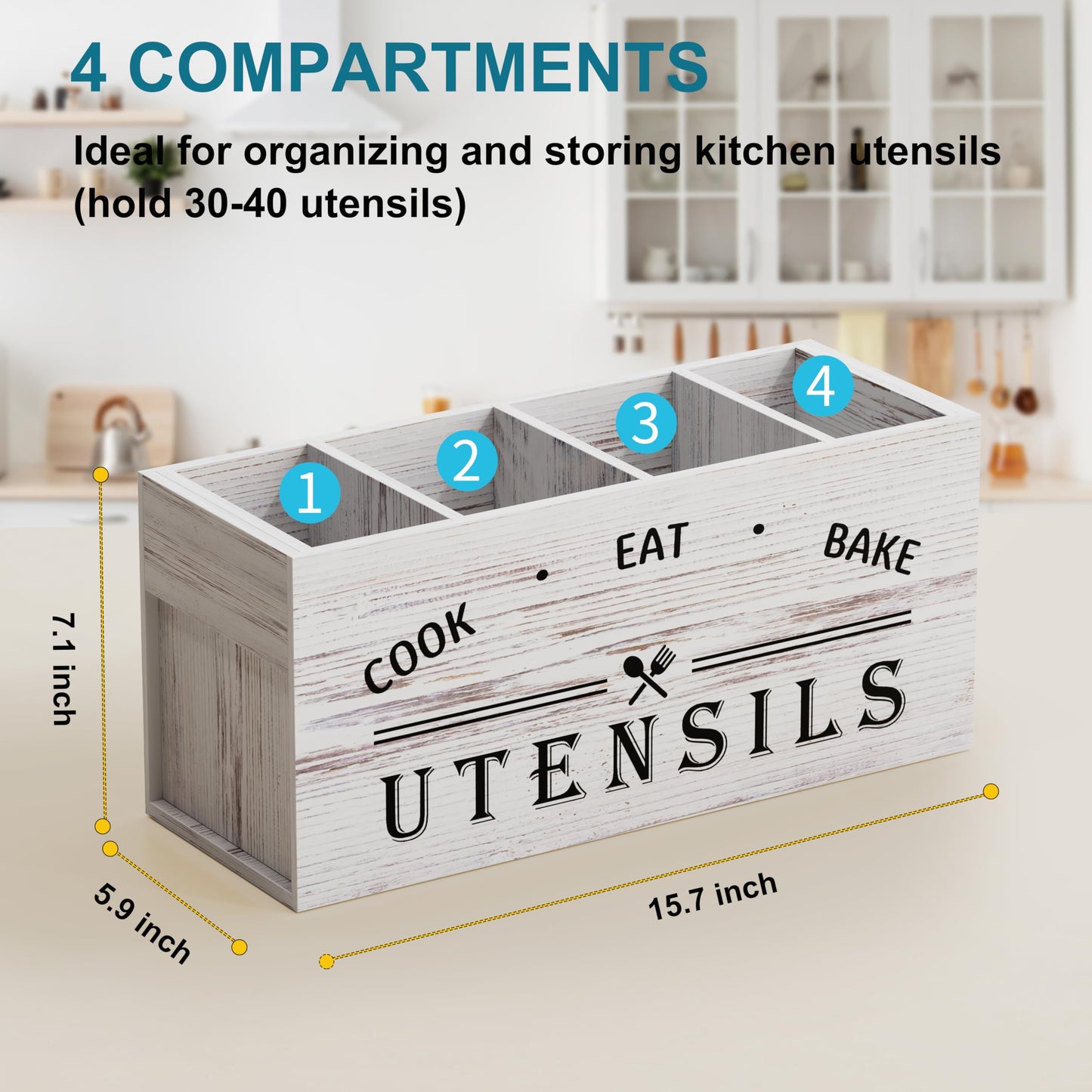 ZUJJAFY Utensil Holder for Kitchen Counter, Large Kitchen Utensil Holder for Countertop with 4 Compartments, Wooden Cooking Utensil Organizer for Spatula Storage, White