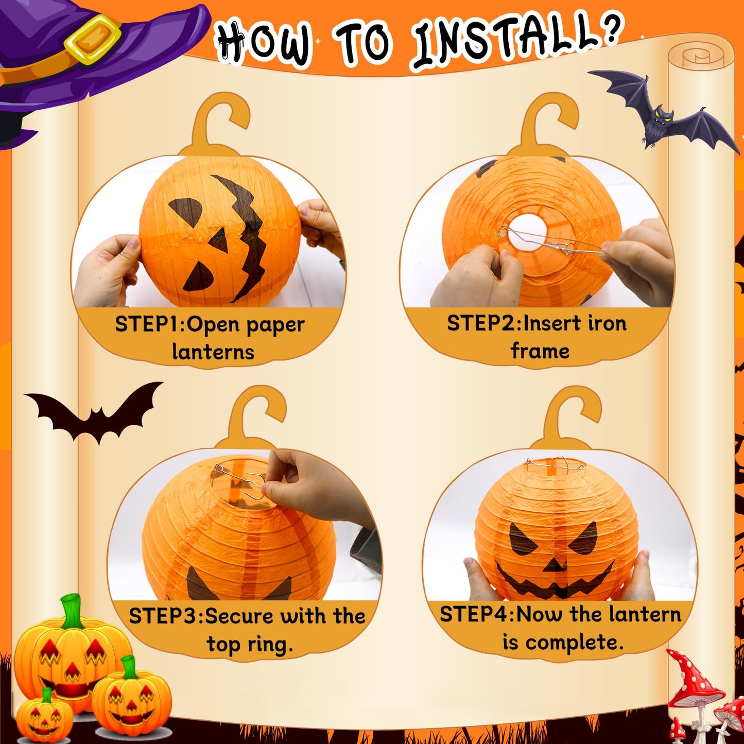 KAXIXI Halloween Party Decorations - 10pcs Halloween Spooky Spider Skeleton Pumpkin Printed Hanging Paper Lanterns for Halloween Decorations Birthday Yard Garden Decor Outdoor Indoor